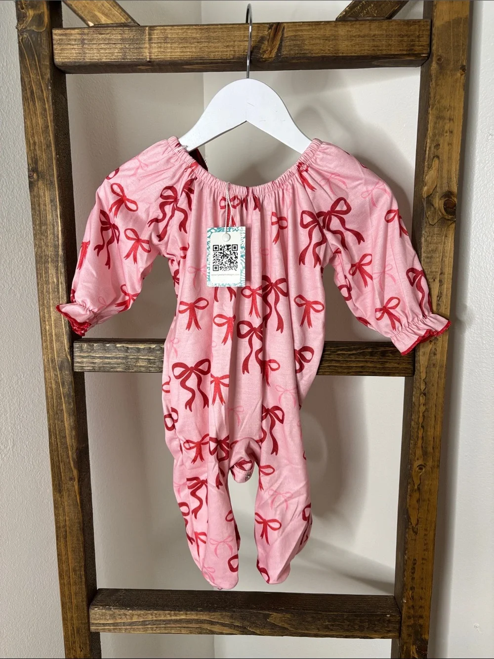 Pink and Red Bow Print Footie One-Piece with Velvet Accent Size 6M